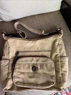 Giani Bernini Beige Canvas Shoulder Bag with Brown Trim
